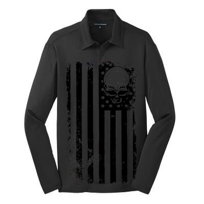 Vintage American Flag Military Skull Silk Touch Performance Long Sleeve Polo