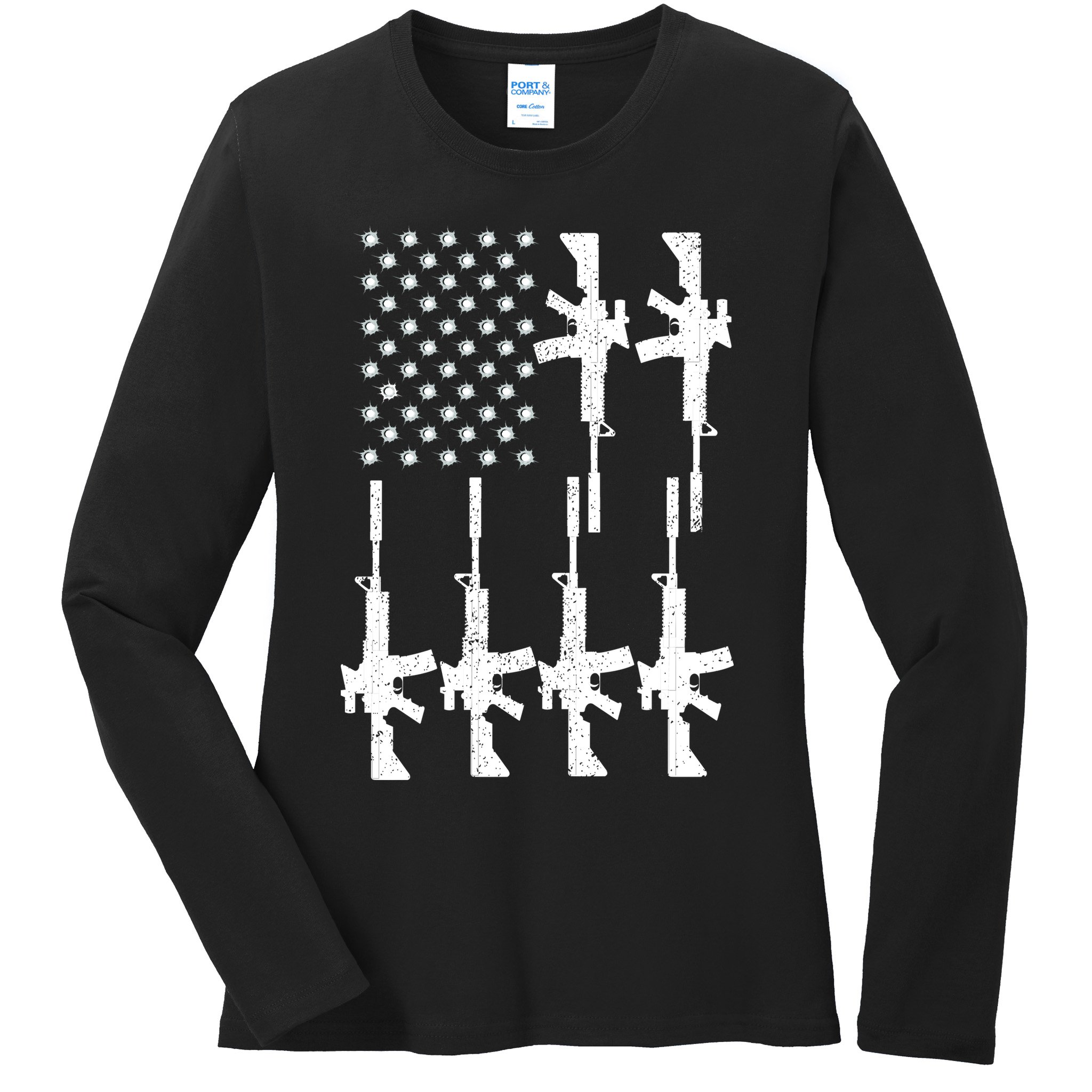 Vintage American Gun Rifle USA Flag Ladies Long Sleeve Shirt