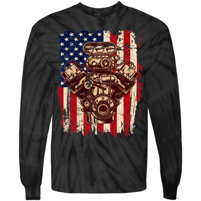 Vintage American Muscle Car Engine Tie-Dye Long Sleeve Shirt