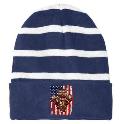 Vintage American Muscle Car Engine Striped Beanie with Solid Band