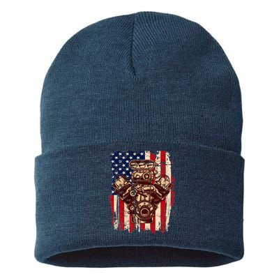 Vintage American Muscle Car Engine Sustainable Knit Beanie