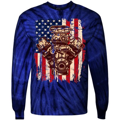 Vintage American Muscle Car Engine Tie-Dye Long Sleeve Shirt