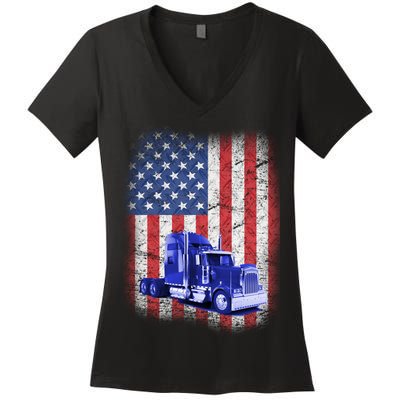 Vintage American Trucker USA Flag Women's V-Neck T-Shirt