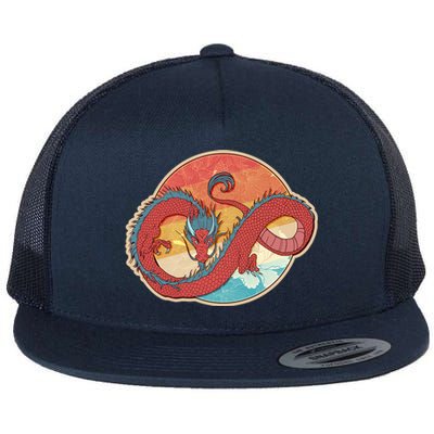 Vintage Asian Dragon Emblem Flat Bill Trucker Hat