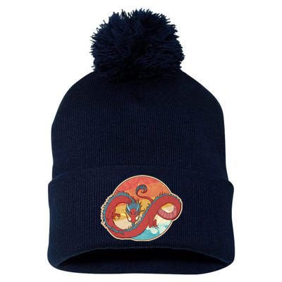 Vintage Asian Dragon Emblem Pom Pom 12in Knit Beanie