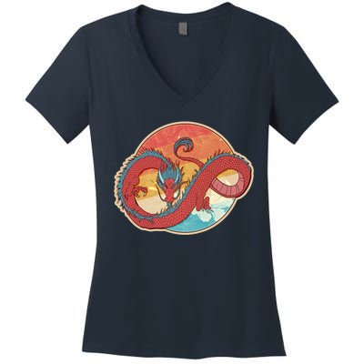 Vintage Asian Dragon Emblem Women's V-Neck T-Shirt