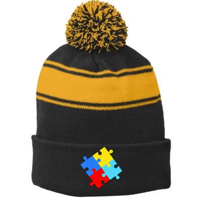 Vintage Autism Puzzle Stripe Pom Pom Beanie