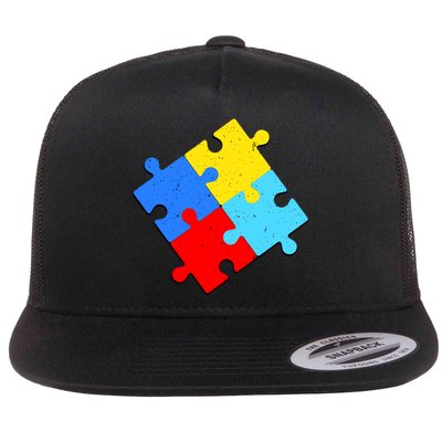 Vintage Autism Puzzle Flat Bill Trucker Hat