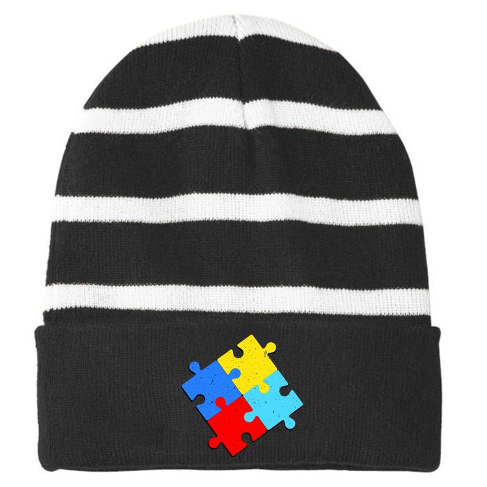 Vintage Autism Puzzle Striped Beanie with Solid Band