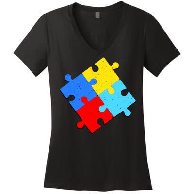 Vintage Autism Puzzle Women's V-Neck T-Shirt