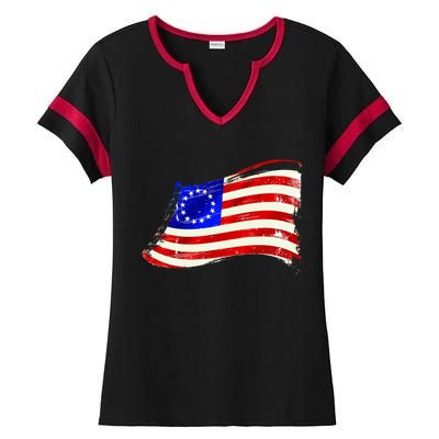 Vintage Betsy Ross 4th Of July American Waving Flag Ladies Halftime Notch Neck Tee