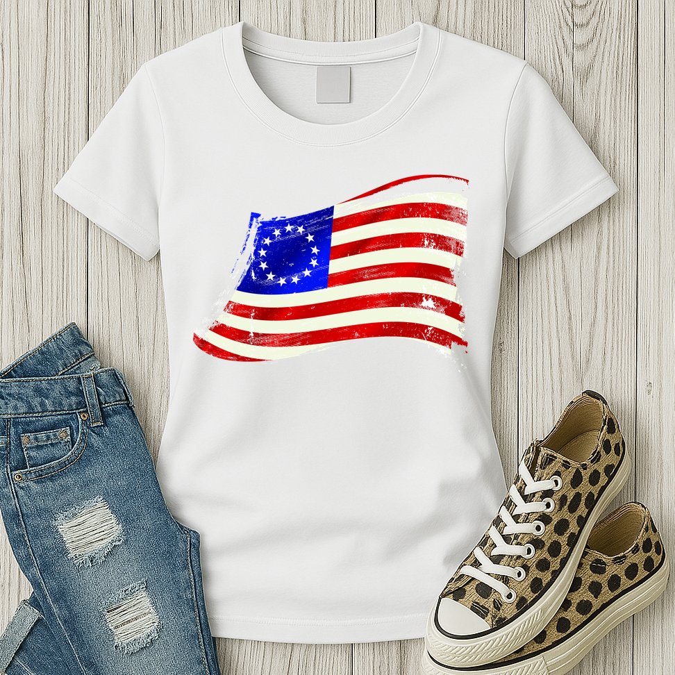 Vintage Betsy Ross 4th Of July American Waving Flag Womens T-Shirt
