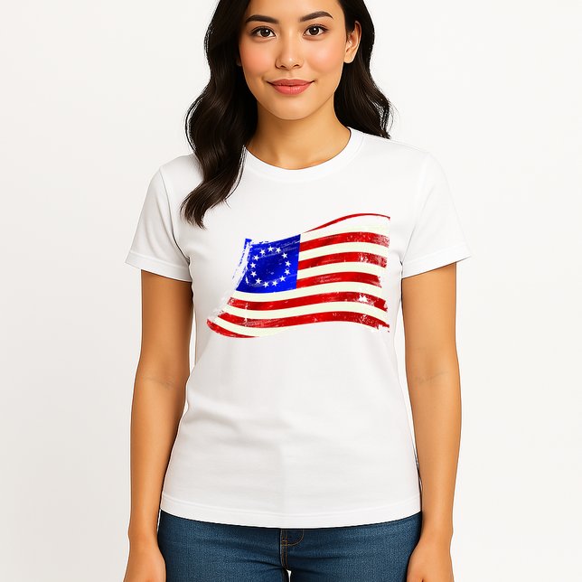 Vintage Betsy Ross 4th Of July American Waving Flag Womens T-Shirt