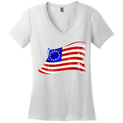 Vintage Betsy Ross 4th Of July American Waving Flag Women's V-Neck T-Shirt