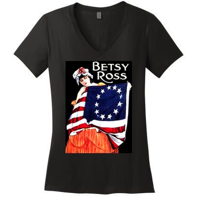 Vintage Betsy Ross American Flag 1776 Art Women's V-Neck T-Shirt