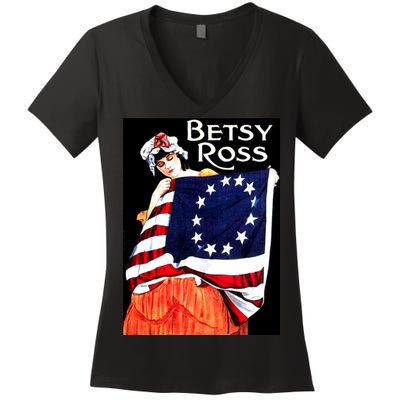 Vintage Betsy Ross American Flag 1776 Art Women's V-Neck T-Shirt