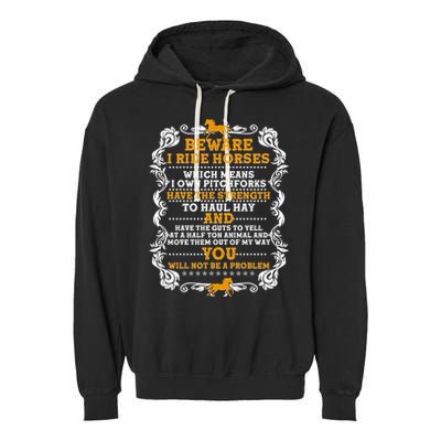Vintage Beware I Ride Horses Garment-Dyed Fleece Hoodie