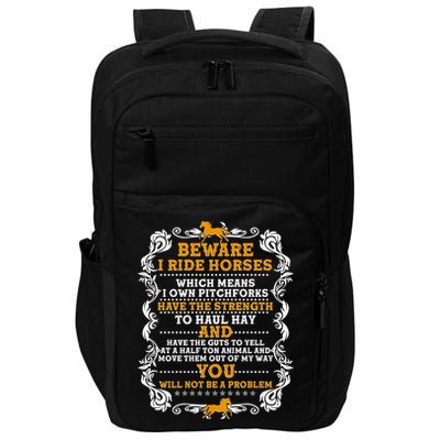 Vintage Beware I Ride Horses Impact Tech Backpack
