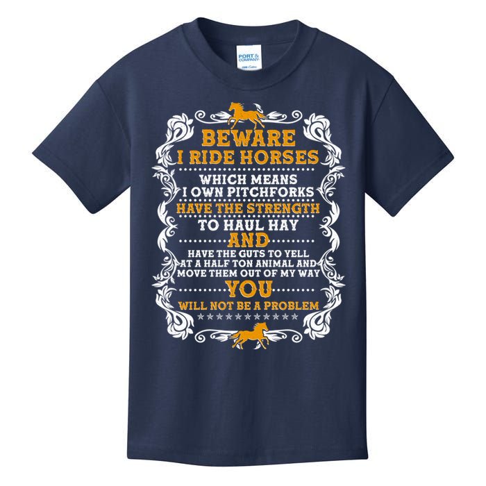 Vintage Beware I Ride Horses Kids T-Shirt