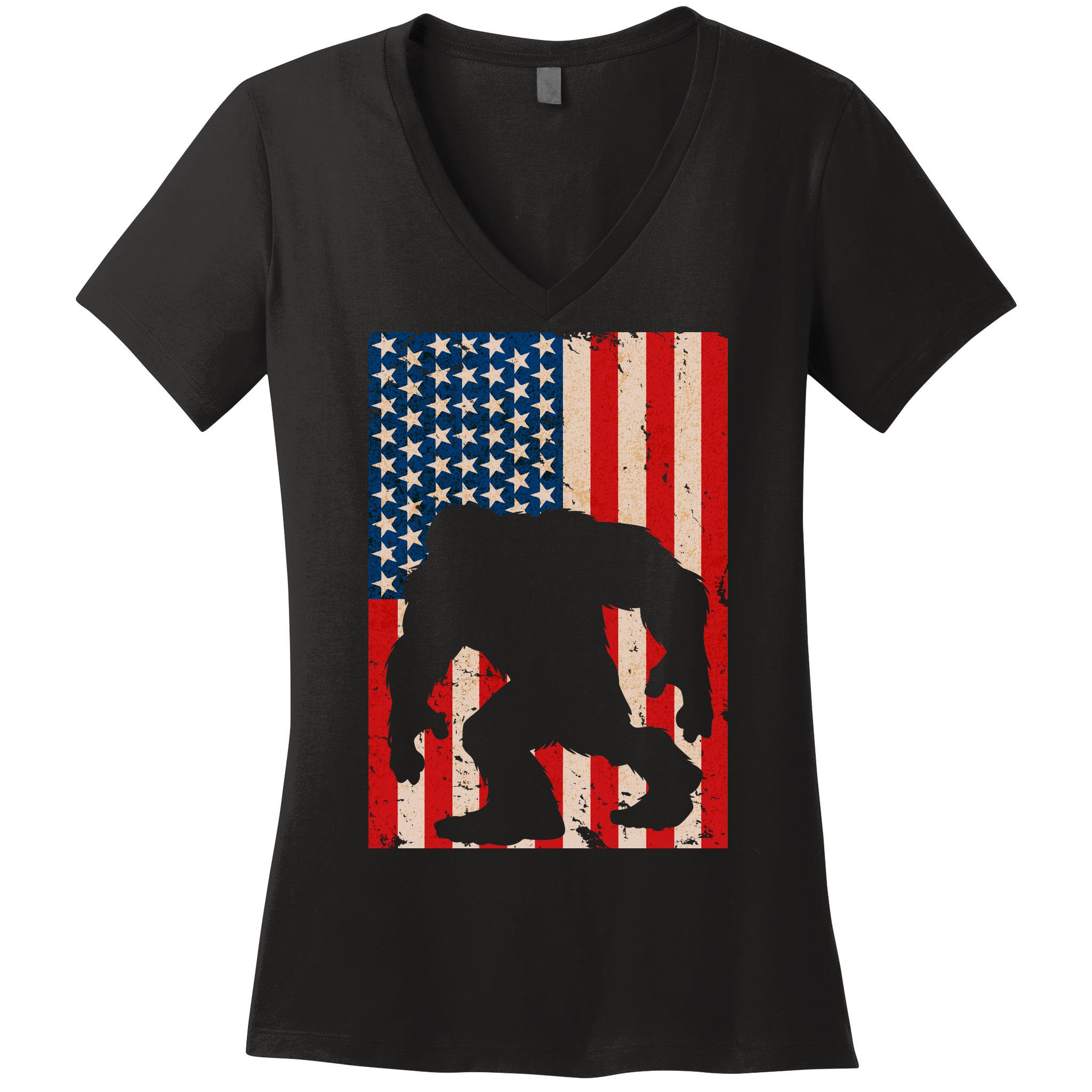 Vintage Bigfoot American Flag Women's V-Neck T-Shirt