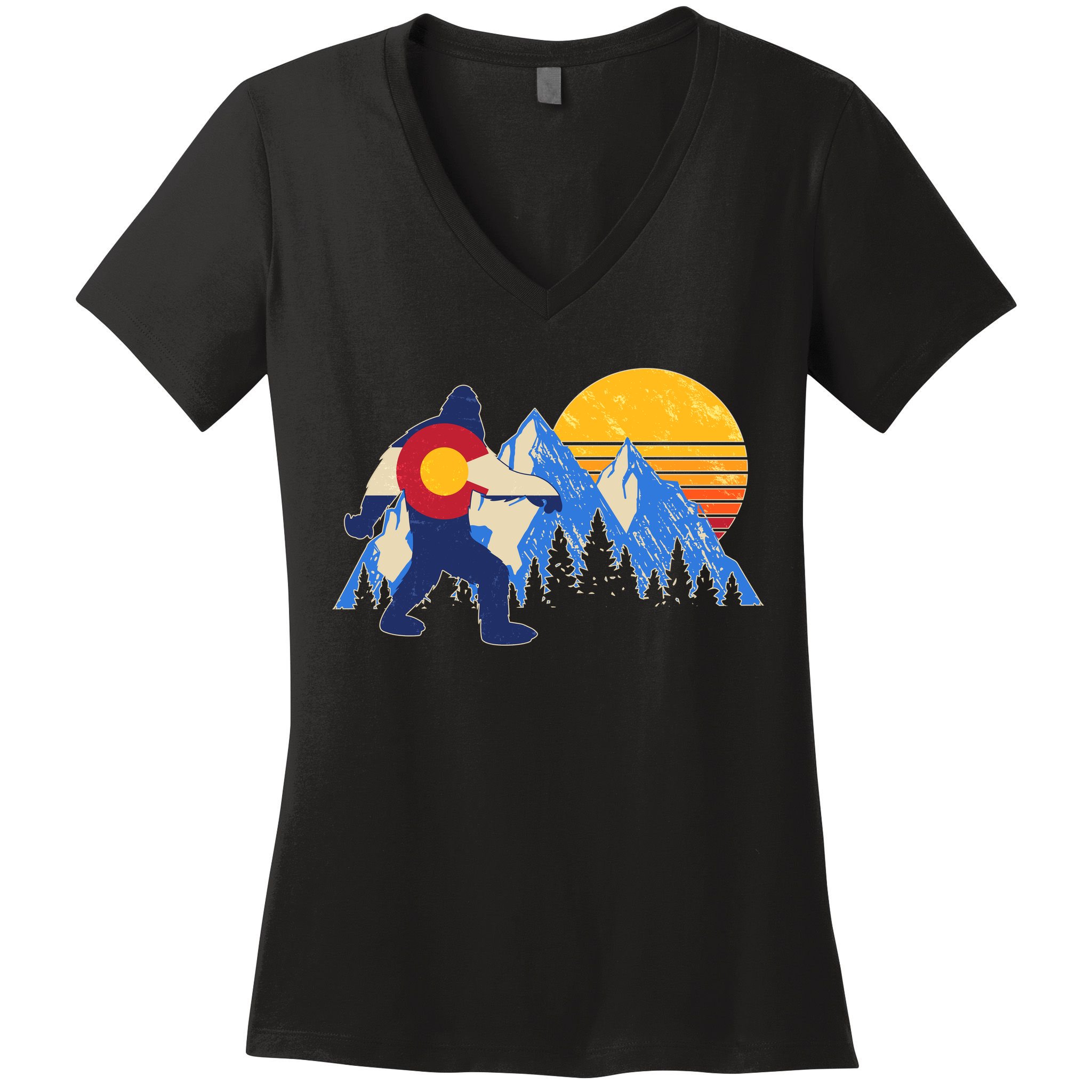 Vintage Bigfoot Colorado Flag Retro Sun Mountains Women's V-Neck T-Shirt
