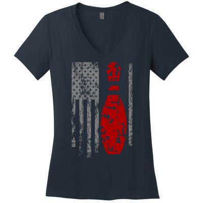 Vintage Bowling American Flag Women's V-Neck T-Shirt