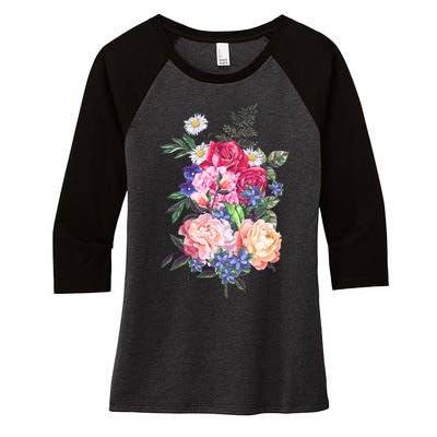 Vintage Bunch Bouquet of Flowers Women's Tri-Blend 3/4-Sleeve Raglan Shirt
