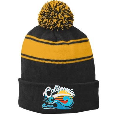 Vintage California Wave Logo Stripe Pom Pom Beanie