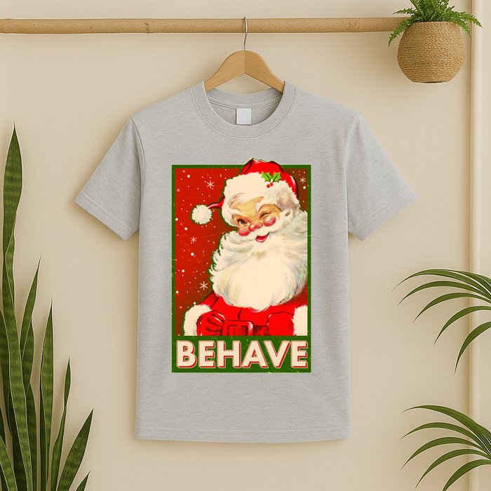 Vintage Christmas Behave Winking Santa Claus T-Shirt