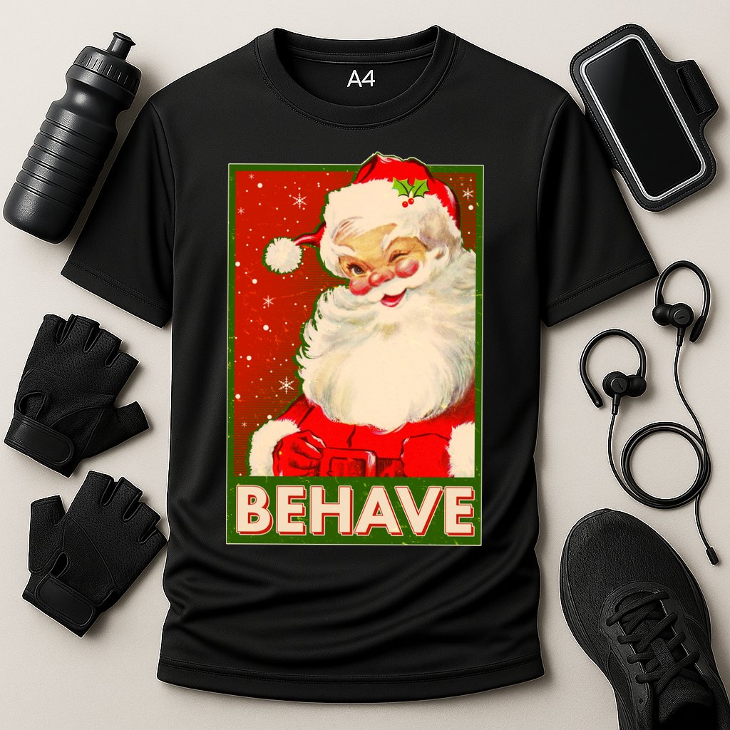 Vintage Christmas Behave Winking Santa Claus Cooling Performance Crew T-Shirt