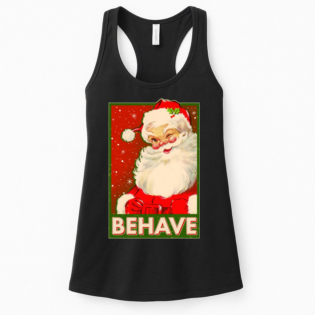 Vintage Christmas Behave Winking Santa Claus Womens Tank Top