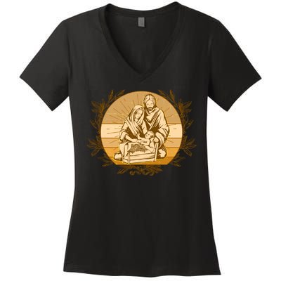 Vintage Christmas Nativity Scene Women's V-Neck T-Shirt