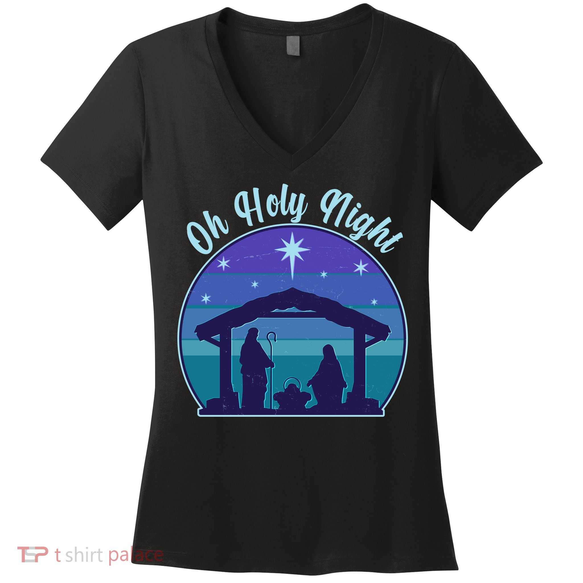 Vintage Christmas Oh Holy Night Nativity Scene Women's V-Neck T-Shirt