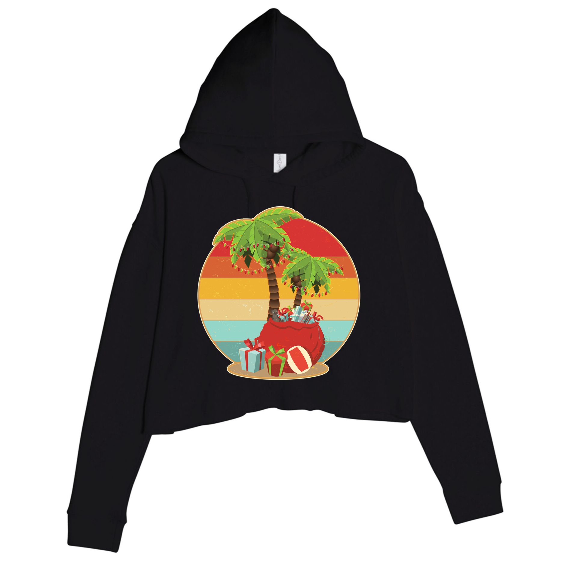 Vintage Christmas Palm Tree and Presents Christmas In July Crop Fleece Hoodie