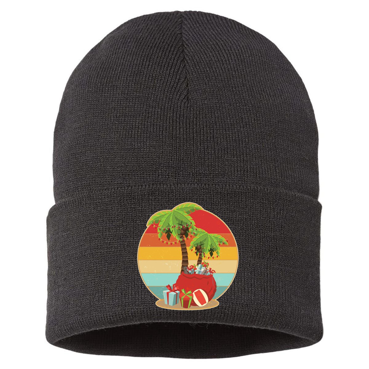 Vintage Christmas Palm Tree and Presents Christmas In July Sustainable Knit Beanie