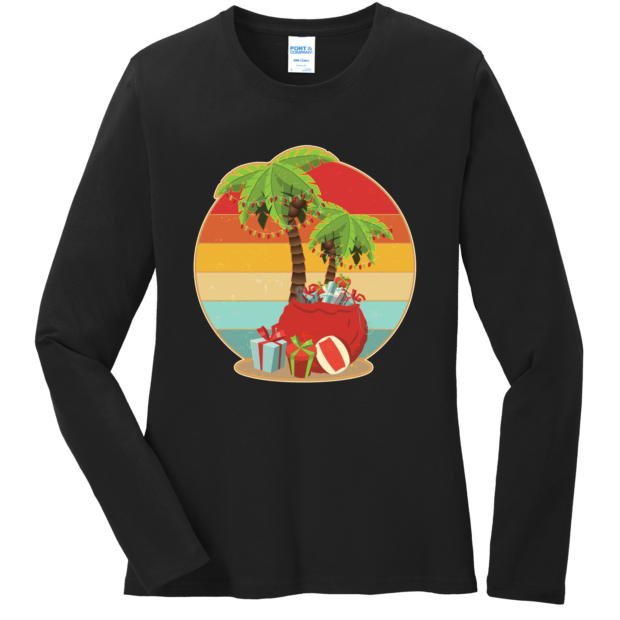 Vintage Christmas Palm Tree and Presents Christmas In July Ladies Long Sleeve Shirt