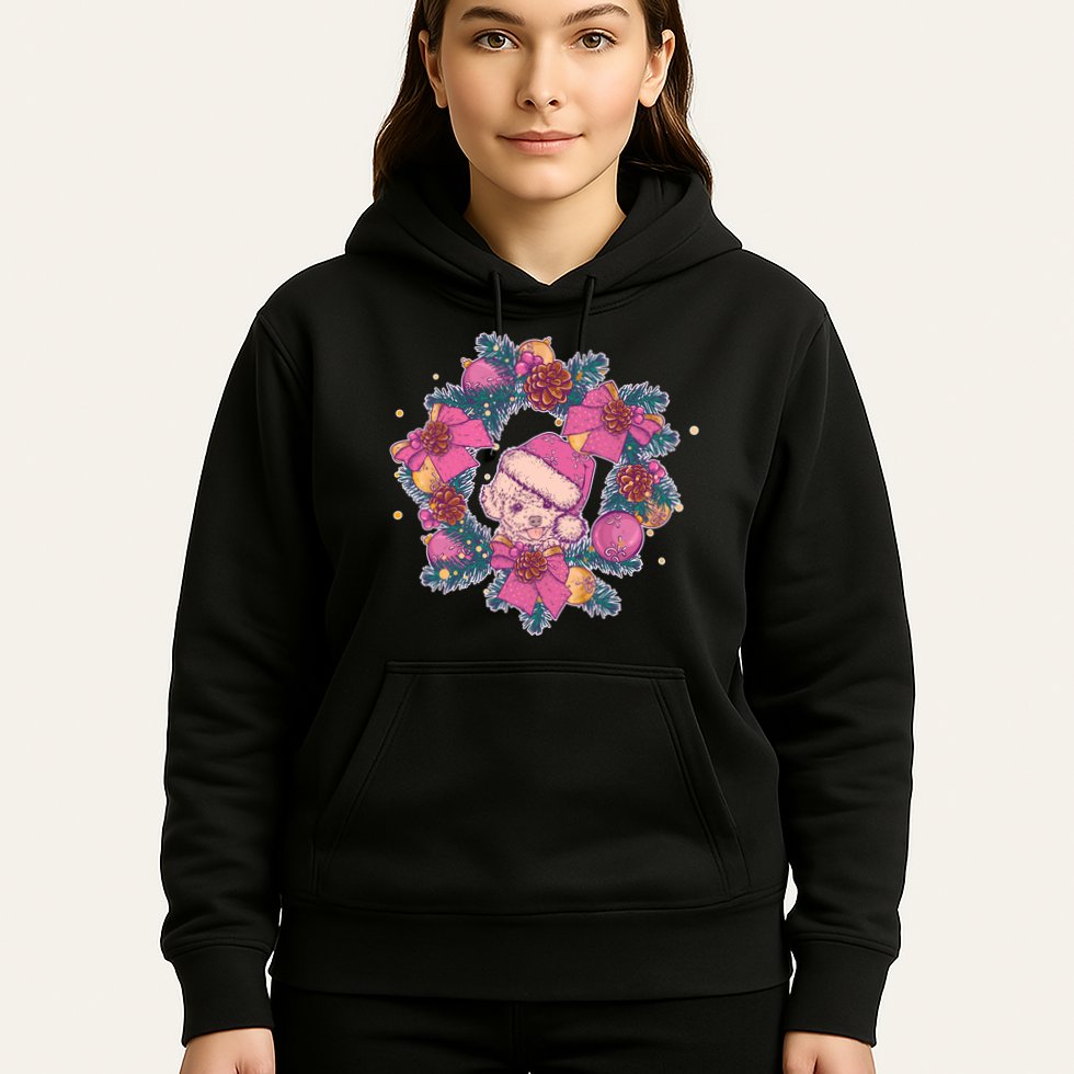 Vintage Christmas Poodle Pinecone Holly Wreath  Hoodie