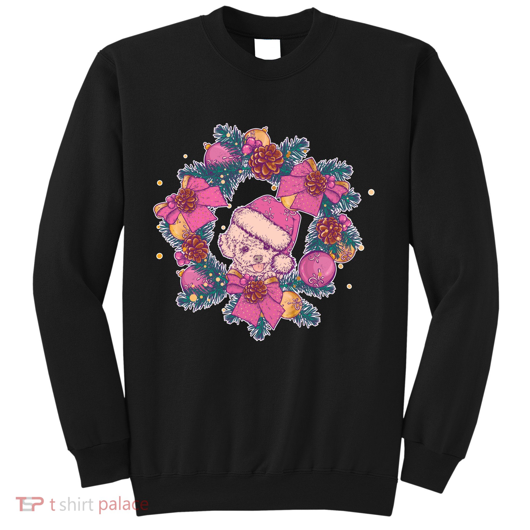 Vintage Christmas Poodle Pinecone Holly Wreath  Sweatshirt