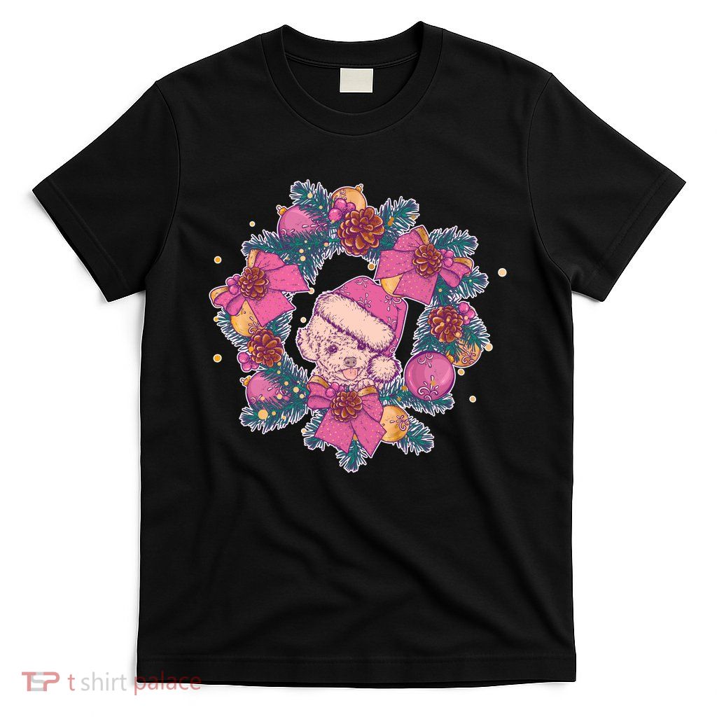Vintage Christmas Poodle Pinecone Holly Wreath  T-Shirt