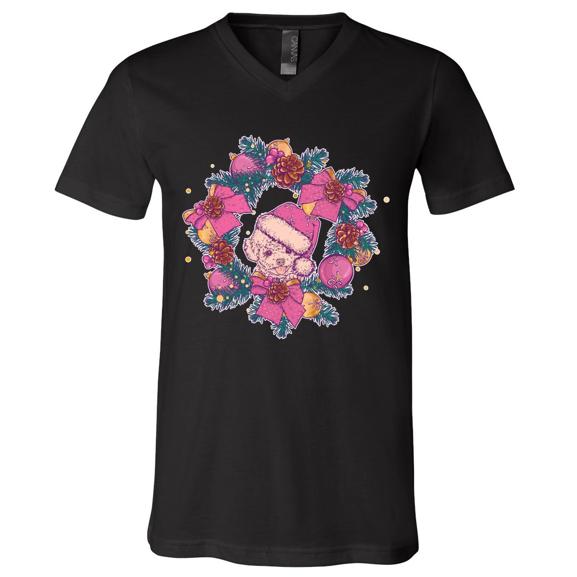 Vintage Christmas Poodle Pinecone Holly Wreath  V-Neck T-Shirt