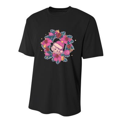 Vintage Christmas Poodle Pinecone Holly Wreath  Youth Performance Sprint T-Shirt