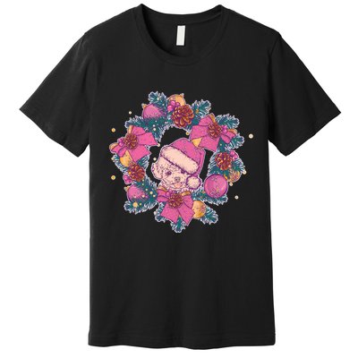 Vintage Christmas Poodle Pinecone Holly Wreath  Premium T-Shirt