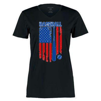 Vintage Cool Baseball American Flag Women's Momentum V-Neck T-Shirt