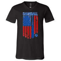 Vintage Cool Baseball American Flag V-Neck T-Shirt