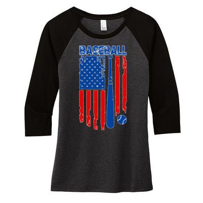 Vintage Cool Baseball American Flag Women's Tri-Blend 3/4-Sleeve Raglan Shirt