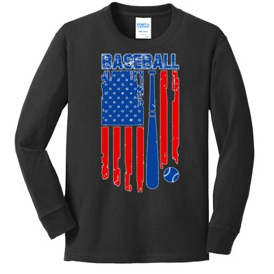 Vintage Cool Baseball American Flag Kids Long Sleeve Shirt