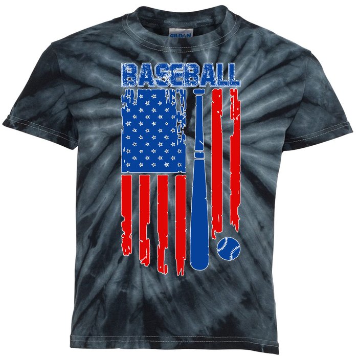 Vintage Cool Baseball American Flag Kids Tie-Dye T-Shirt