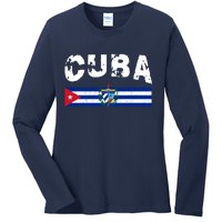 Vintage Cuba Emblem Cuban Flag Ladies Long Sleeve Shirt