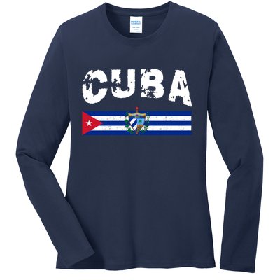 Vintage Cuba Emblem Cuban Flag Ladies Long Sleeve Shirt