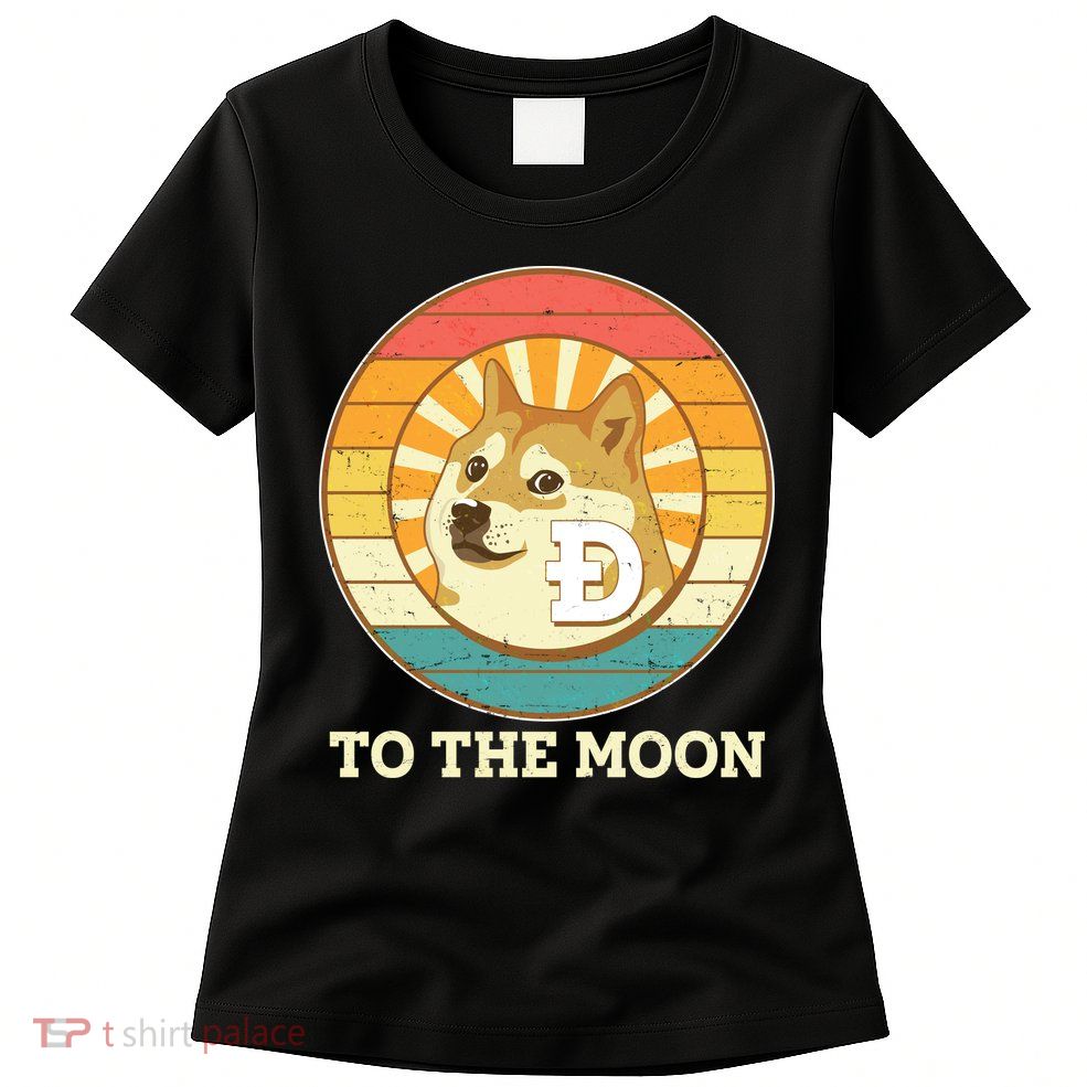 Vintage Dogecoin To The Moon Meme Emblem Womens T-Shirt